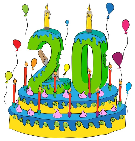 Gâteau d'anniversaire avec bougie numéro 20, célébrant la vingtième année de vie, ballons colorés et revêtement de chocolat — Image vectorielle