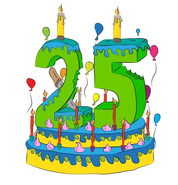 用数字二十五蜡烛，庆祝第二十五届年度生活、 五颜六色的气球和巧克力涂层的生日蛋糕 — 图库矢量图片