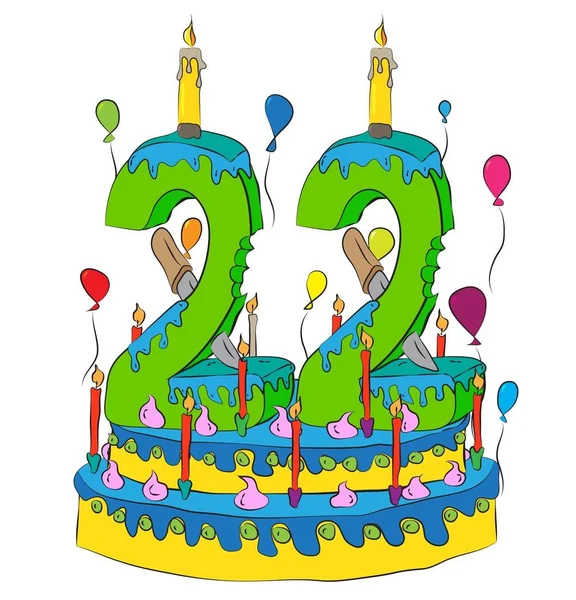 用数字二十二蜡烛，庆祝生活、 五颜六色的气球和巧克力涂层的二十二岁生日蛋糕 — 图库矢量图片