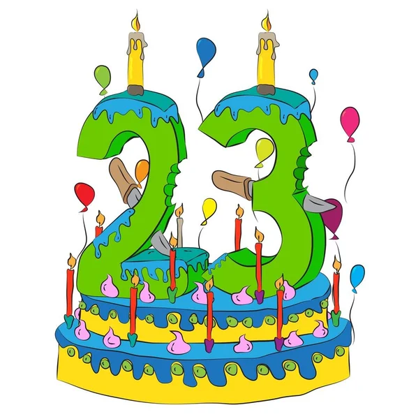 Gâteau d'anniversaire avec numéro vingt-trois bougie, célébrant vingt-troisième année de vie, ballons colorés et enrobage de chocolat — Image vectorielle