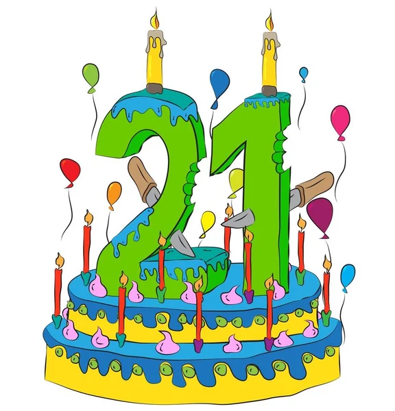 用数字 21 个蜡烛，庆祝第 21 年的生命、 五颜六色的气球和巧克力涂层的生日蛋糕 — 图库矢量图片