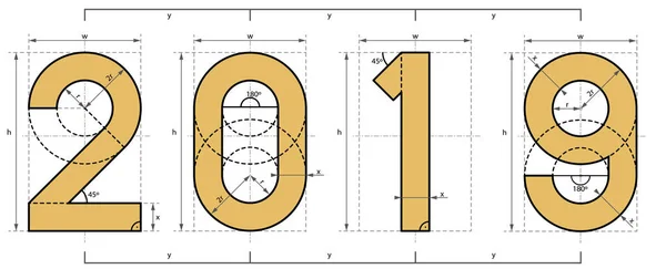 Diseño del proyecto de fuente técnica de año nuevo 2019 — Vector de stock