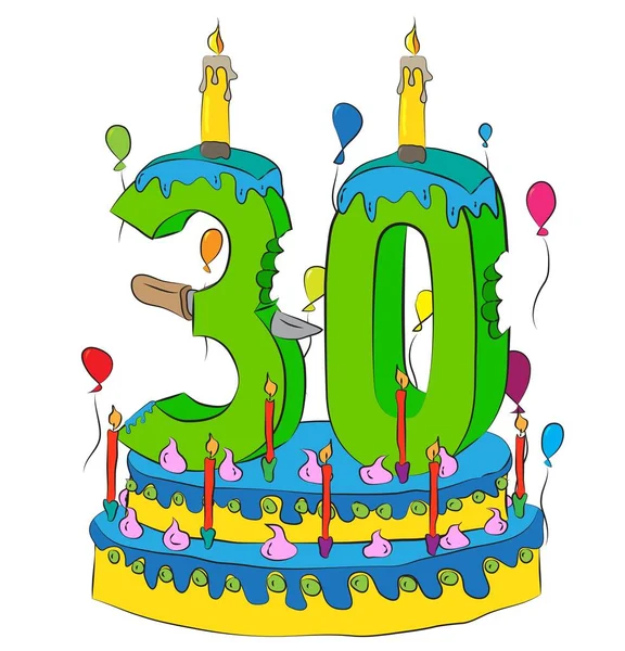 30 День рождения торт с числом 30 свечей, празднуя тридцатый год жизни, красочные воздушные шары и шоколадное покрытие — стоковый вектор