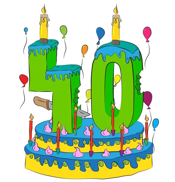 40 urodziny tort z liczb czterdzieści świeca, obchodzi czterdziestego roku życia, kolorowe balony i polewę czekoladową — Wektor stockowy