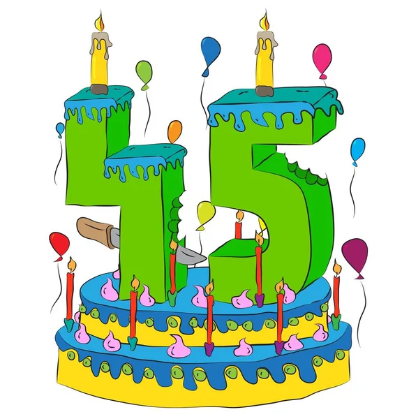 45 gâteau d'anniversaire avec numéro quarante-cinq bougie, célébrant quarante-cinquième année de vie, ballons colorés et enrobage de chocolat — Image vectorielle