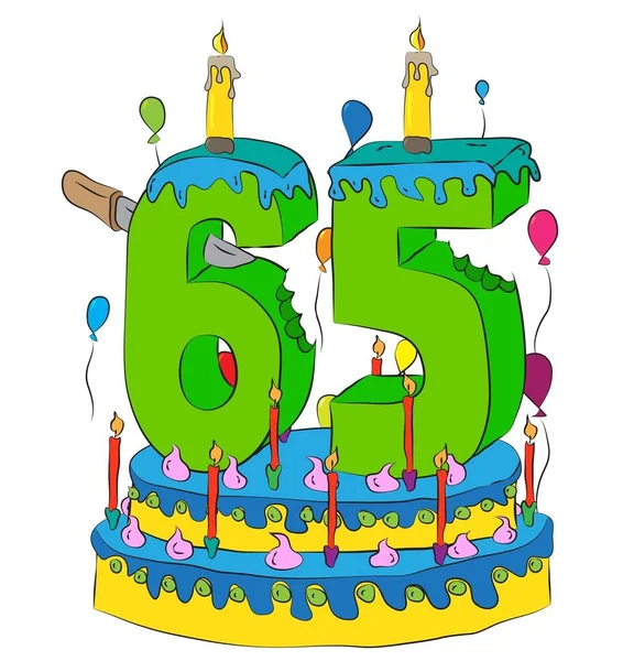 65生日蛋糕与数字六十五蜡烛, 庆祝生活的第六十五年, 五颜六色的气球和巧克力涂层 — 图库矢量图片