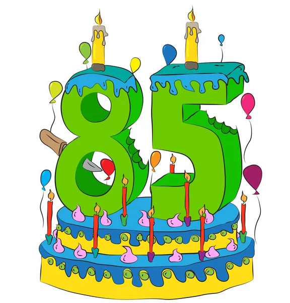 85生日蛋糕与数字八十五蜡烛, 庆祝生活的第八十五年, 五颜六色的气球和巧克力涂层 — 图库矢量图片