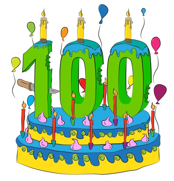 100 urodziny tort z liczbą sto świeca, obchodzi setny rok życia, kolorowe balony i polewę czekoladową — Wektor stockowy