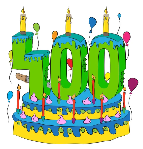 Bolo de aniversário 400 com número quatrocentos vela, celebrando quatrocentos anos de vida, balões coloridos e revestimento de chocolate —  Vetores de Stock