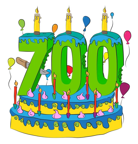 Tort urodzinowy 700 z numer siedemset świeca, obchody siedem setny rok życia, kolorowe balony i polewę czekoladową — Wektor stockowy