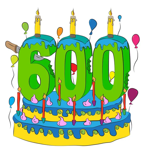 Tort urodzinowy 600 z liczba sześćset świeca, obchodzi sześć setny rok życia, kolorowe balony i polewę czekoladową — Wektor stockowy