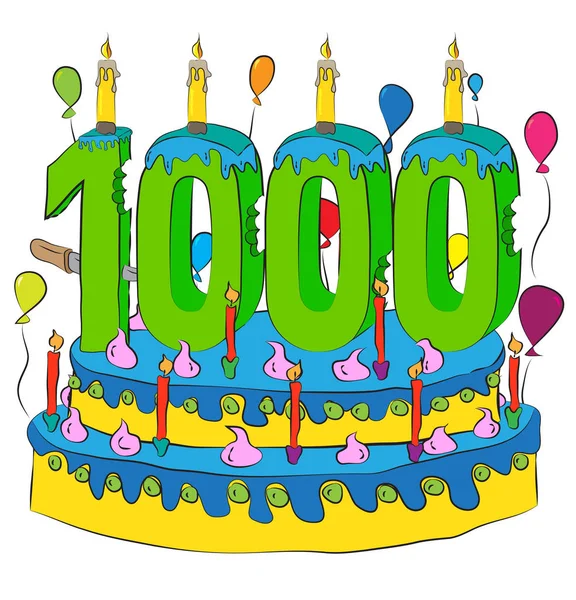 1000 tort urodzinowy, z wielu tysięcy świeca, obchodzi rok tysięczny życia, kolorowe balony i polewę czekoladową — Wektor stockowy