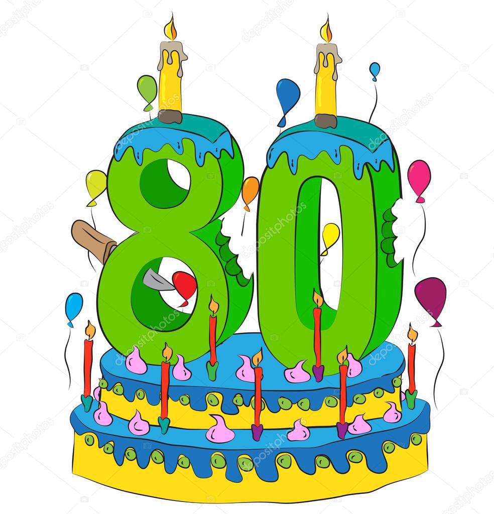80 Birthday Cake With Number Eighty Candle, Celebrating Eightieth Year of Life, Colorful Balloons and Chocolate Coating
