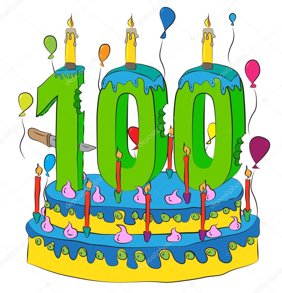 100 Birthday Cake With Number Hundred Candle, Celebrating Hundredth Year of Life, Colorful Balloons and Chocolate Coating