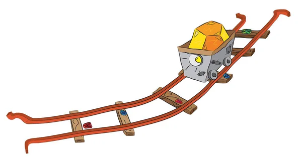 Carro de minería en ferrocarril cargado con mineral de oro precioso — Vector de stock