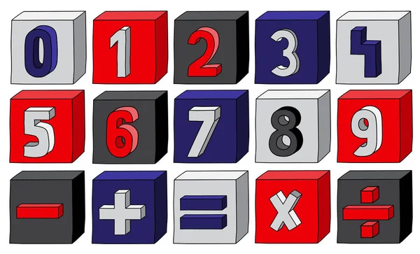 Navy Blue numbers from 0 to 9 with mathematical operations on blocks — Stock Vector