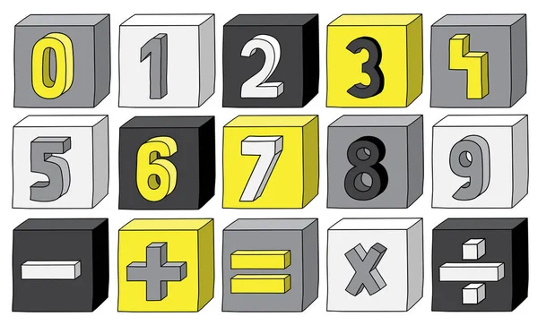 Жовті кольорові числа від 0 до 9 з математичними операціями на блоках — стоковий вектор