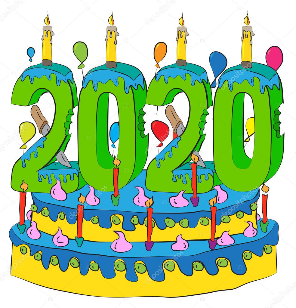 Birthday Cake With New Year Number 2020 Candle, Celebrating 2020 New Year, Colorful Balloons and Chocolate Coating
