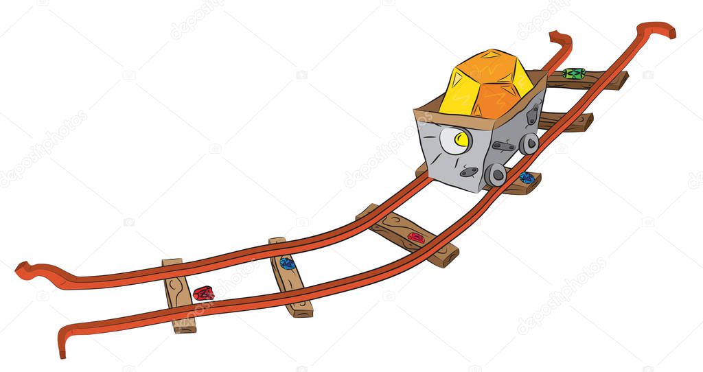 Mining cart on railway loaded by precious gold ore