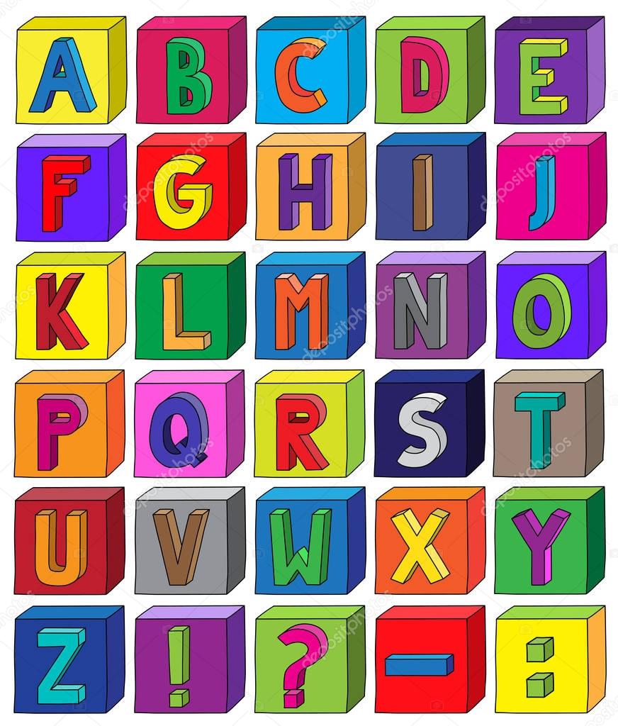 Colorful 3D alphabet blocks from letter A to Z in A4 Sheet