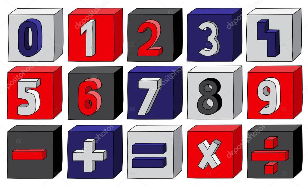 Navy Blue numbers from 0 to 9 with mathematical operations on blocks
