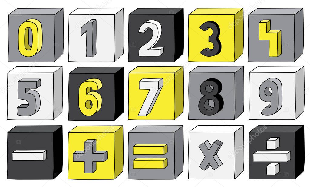 Yellow colour numbers from 0 to 9 with mathematical operations on blocks