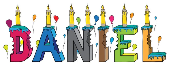 Даніель ім'я вкусила барвисті 3d написи день народження торт зі свічками і повітряні кулі — стоковий вектор