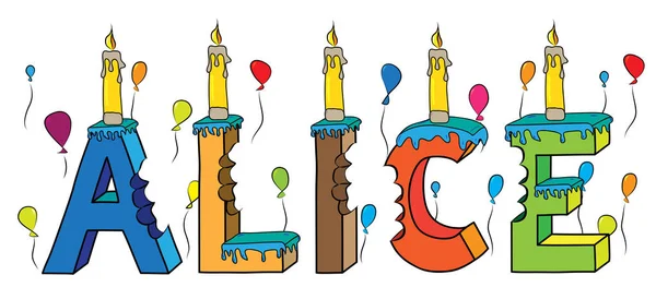 Alice első név megmart színes 3d betűk születésnapi torta léggömbök és gyertyák — Stock Vector