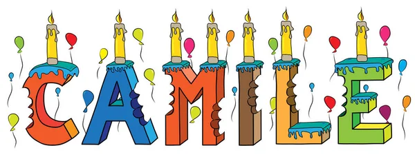 Camile nome morso colorato 3d lettering torta di compleanno con candele e palloncini — Vettoriale Stock