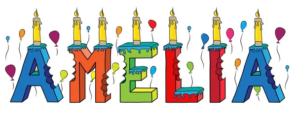 Amelia utónév megmart színes 3d betűk születésnapi torta léggömbök és gyertyák — Stock Vector