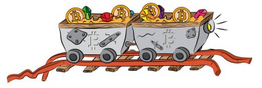 Değerli bitcoin ve kristalleri ile yüklü demiryolu araştırma arabaları