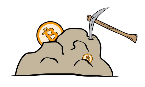 Bitcoin mining process using pickax on solid rock — Stock Vector