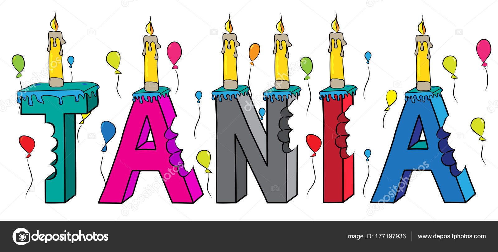 TANIA female first name bitten colorful 3d lettering birthday cake with  candles and balloons Stock Vector Image by ©fstockluk #177197936