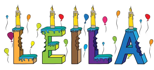 Лейла женское имя укусил красочные 3d письмо торт день рождения со свечами и воздушными шарами — стоковый вектор