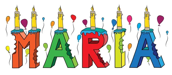 Maria feminino primeiro nome mordido colorido 3d lettering bolo de aniversário com velas e balões —  Vetores de Stock