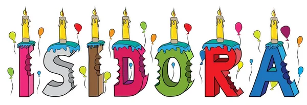 Isidora หญิงชื่อแรกกัดสีสัน 3d ตัวอักษรเค้กวันเกิดที่มีเทียนและลูกโป่ง — ภาพเวกเตอร์สต็อก