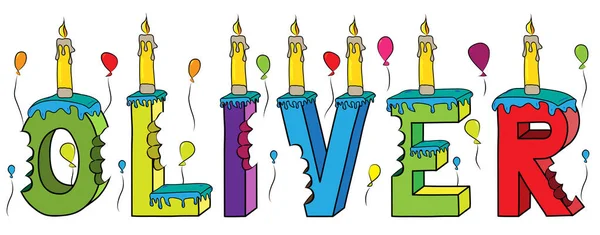 Oliver macho primer nombre mordido colorido 3d letras pastel de cumpleaños con velas y globos — Vector de stock