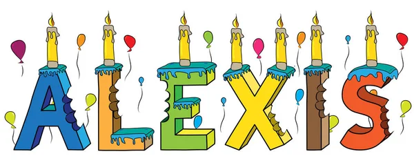 Alexis férfi utónév megmart színes 3d betűk születésnapi torta léggömbök és gyertyák — Stock Vector