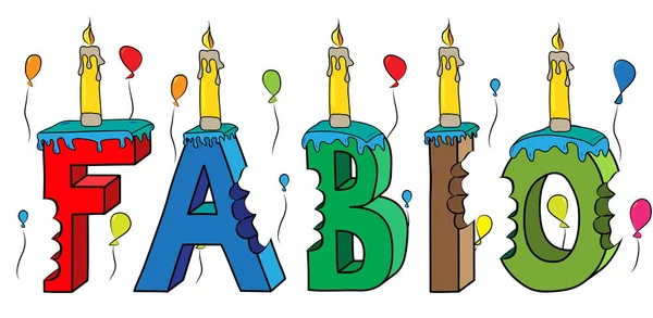 Fabio nombre masculino mordido colorido 3d letras pastel de cumpleaños con velas y globos — Archivo Imágenes Vectoriales