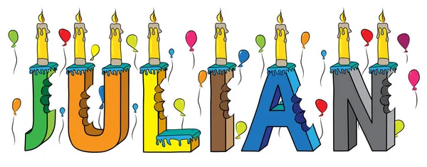 Julian macho primer nombre mordido colorido 3d letras pastel de cumpleaños con velas y globos — Vector de stock