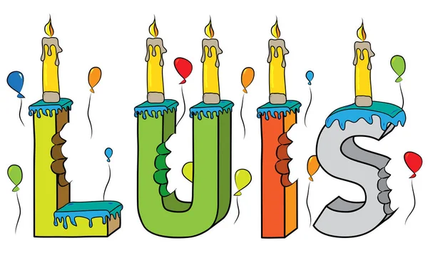 Luis maschio primo nome morso colorato 3d lettering torta di compleanno con candele e palloncini — Vettoriale Stock