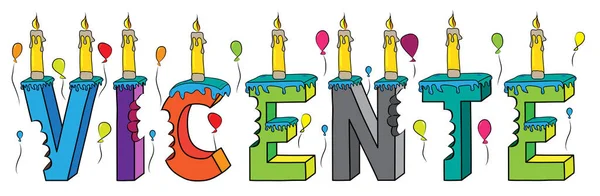 Vicente maschio primo nome morso colorato 3d lettering torta di compleanno con candele e palloncini — Vettoriale Stock