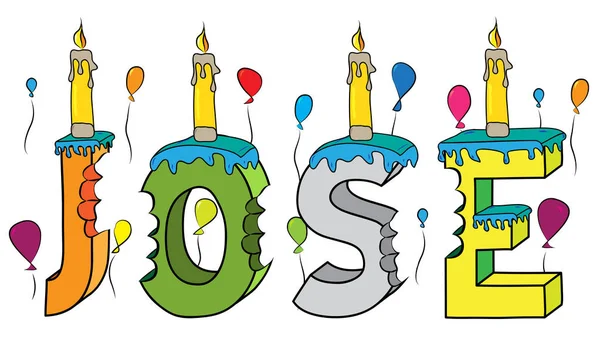 Jose maschio nome morso colorato 3d lettering torta di compleanno con candele e palloncini — Vettoriale Stock