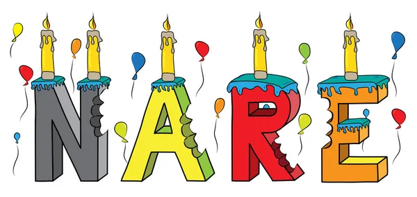 Nare nombre femenino mordido colorido 3d letras pastel de cumpleaños con velas y globos — Archivo Imágenes Vectoriales