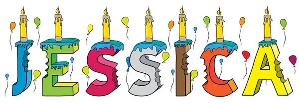 Jessica női utónév megmart színes 3d betűk születésnapi torta léggömbök és gyertyák — Stock Vector