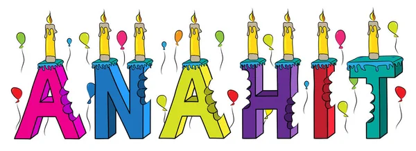 Анаіт жіноче ім'я вкусила барвисті 3d літерами день народження торт зі свічками і повітряні кулі — стоковий вектор