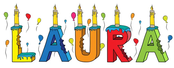Laura feminino primeiro nome mordido colorido 3d lettering bolo de aniversário com velas e balões —  Vetores de Stock