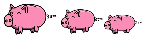 Ręcznie rysowane rodzina różowy, czyste, błyszczące i szczęśliwy Skarbonka tłuszczu w stylu cartoon, kolorowe ilustracja dla dzieci — Wektor stockowy