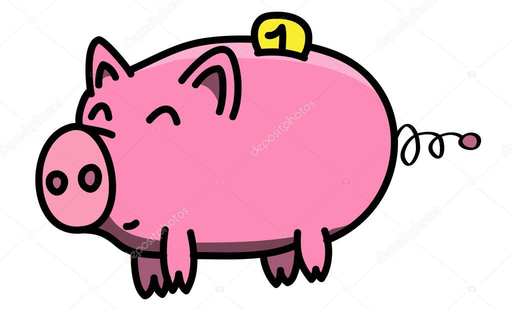 Hand drawn pink, clean, shiny and happy fat piggybank animal outline in cartoon style with inserted gold coin, colored illustration for kids,