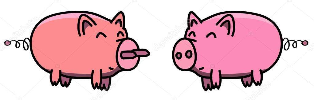 Pink, clean, shiny, happy and fat pig couple in cartoon style, illustration for kids, best match found, plug and socket